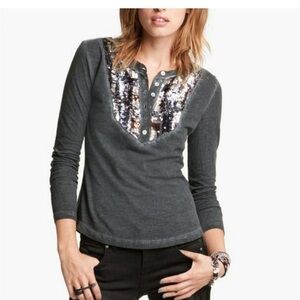 Free People Tiger Eyes Sequin Bib Henley‎ Shirt M